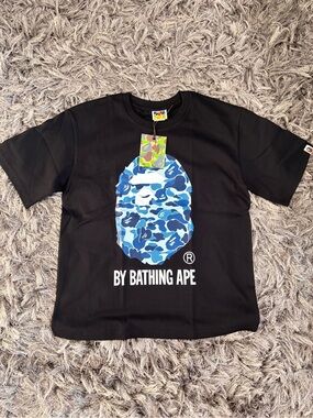 Bape Black Tee with Blue Camo Ape Head Graphic